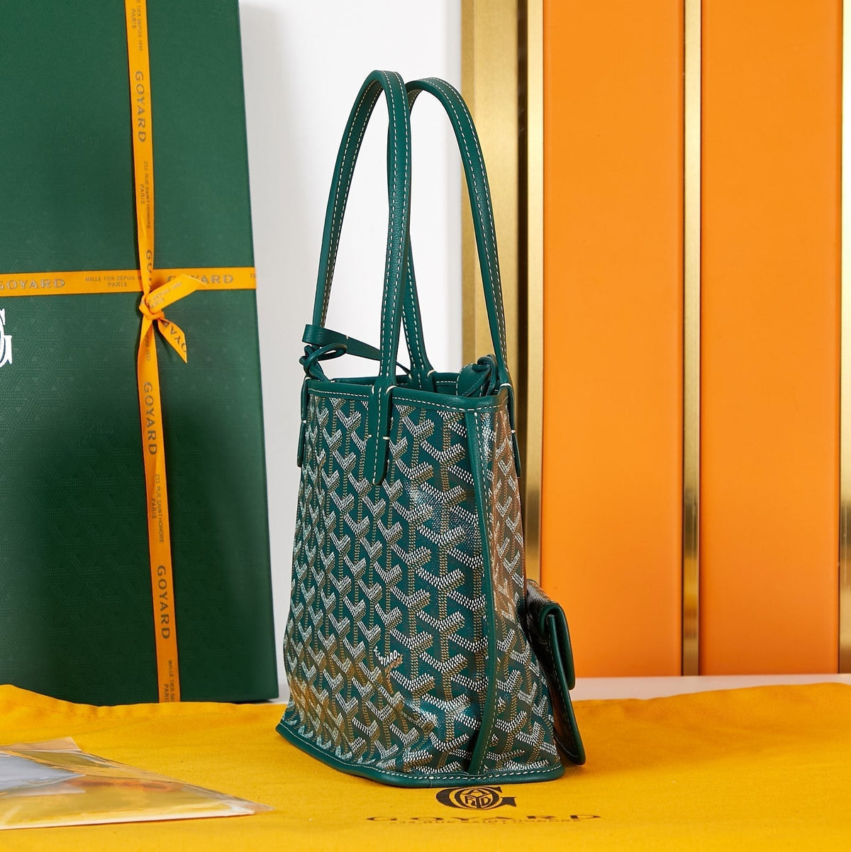 ANJOU MINI BAG 20 IN GREEN GOYARDINE CANVAS AND CALFSKIN WITH CARTOON PATCH
