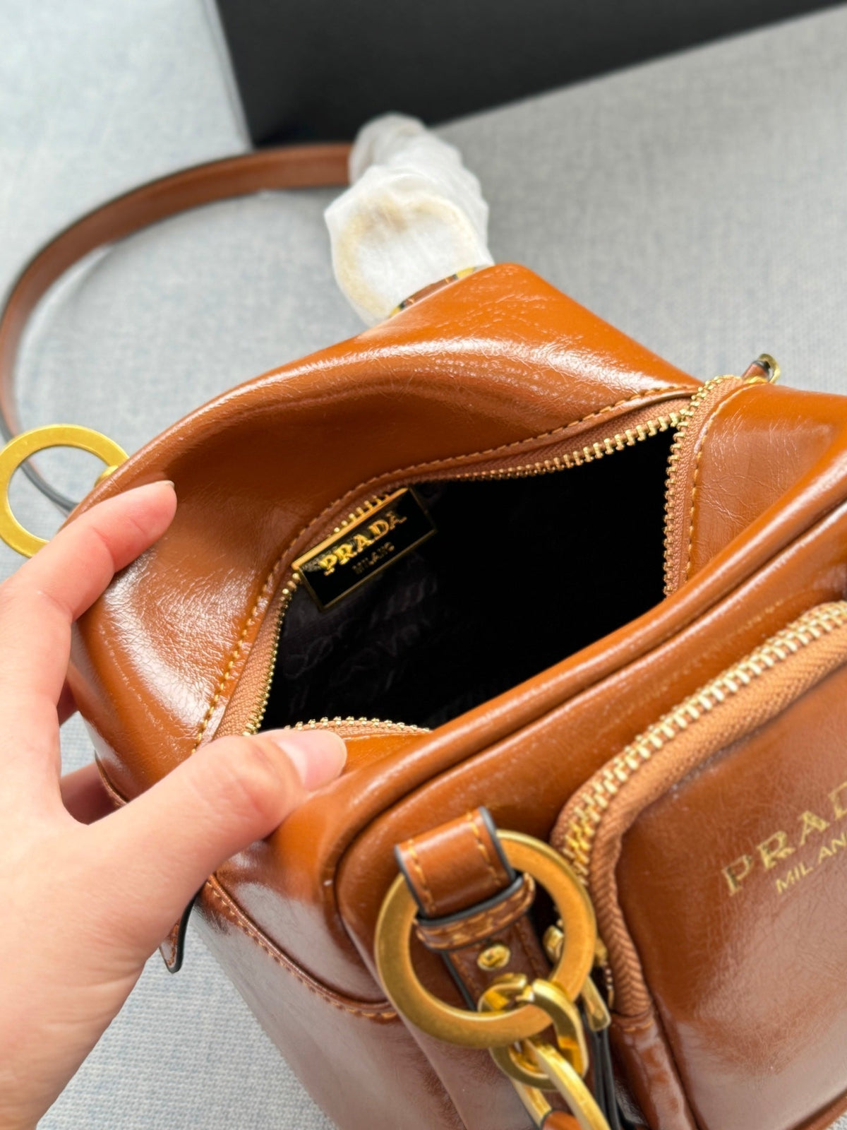 DANGLE TOP HANDLE MINI BAG 15 IN BROWN PATENT CALFSKIN