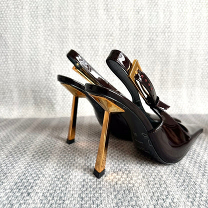 LEE SLINGBACK PUMPS 105 IN MAROON PATENT LEATHER GOLD HEEL