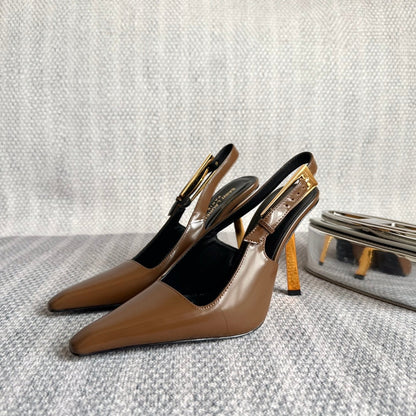 LEE SLINGBACK PUMPS 105 IN BROWN PATENT LEATHER GOLD HEEL