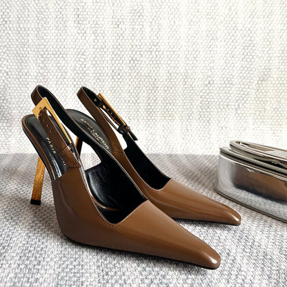 LEE SLINGBACK PUMPS 105 IN BROWN PATENT LEATHER GOLD HEEL