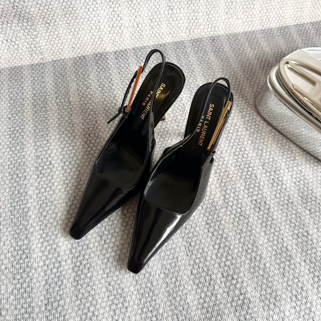 LEE SLINGBACK PUMPS 105 IN BLACK PATENT LEATHER GOLD HEEL