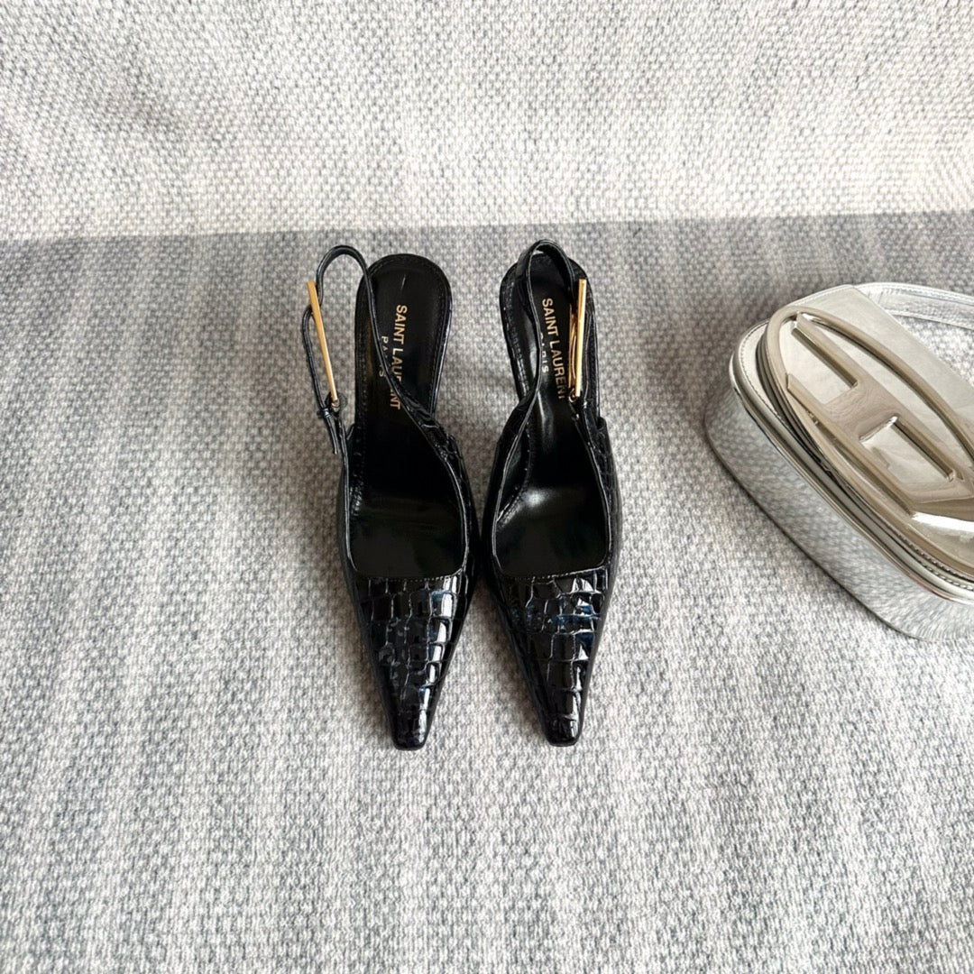 LEE SLINGBACK PUMPS 105 IN BLACK CROCODILE-EMBOSSED LEATHER