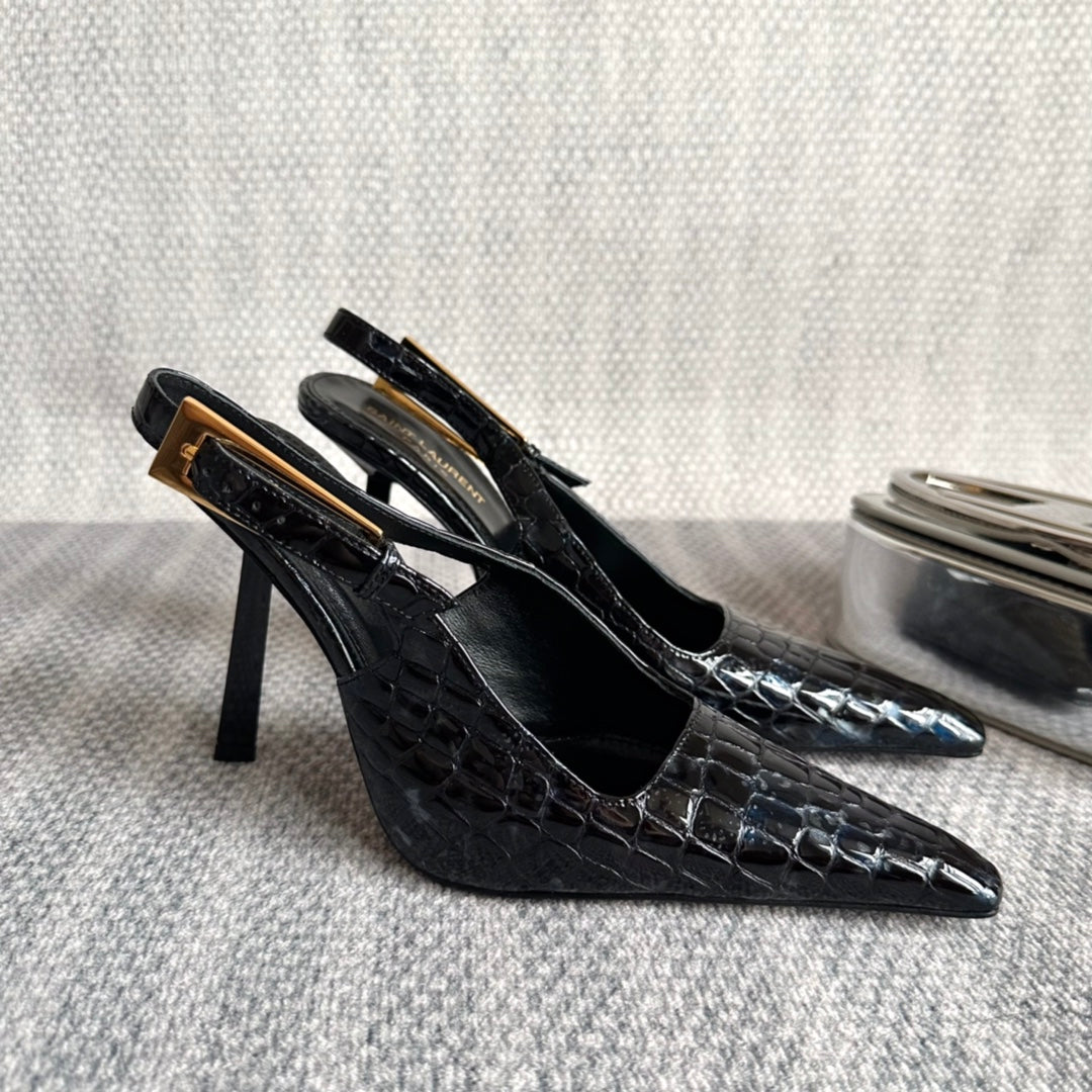 LEE SLINGBACK PUMPS 105 IN BLACK CROCODILE-EMBOSSED LEATHER