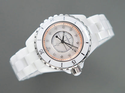J12 33mm Quartz White Ceramic Diamond Numerals Pink Mop Dial