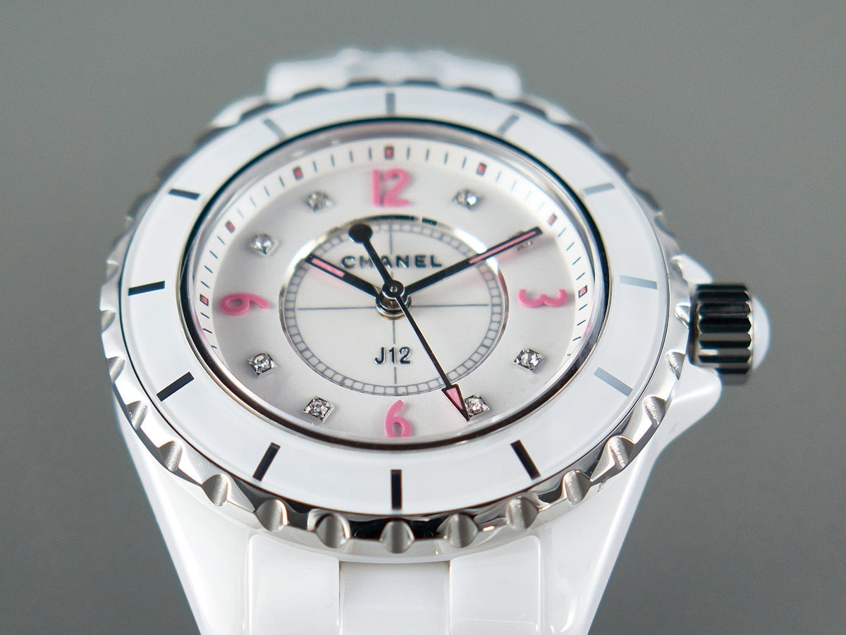 J12 Quartz White Ceramic Pink Diamond Numerals White Dial