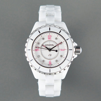 J12 Quartz White Ceramic Pink Diamond Numerals White Dial