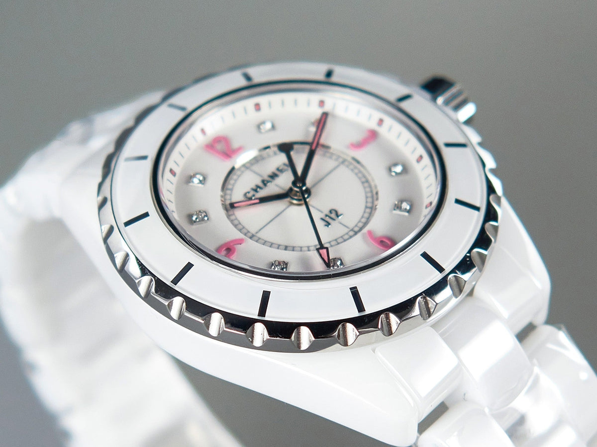 J12 Quartz White Ceramic Pink Diamond Numerals White Dial