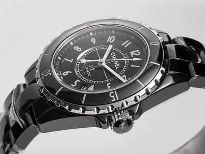 J12 Date Automatic Black Ceramic White Numerals Black Dial White Steel Hands