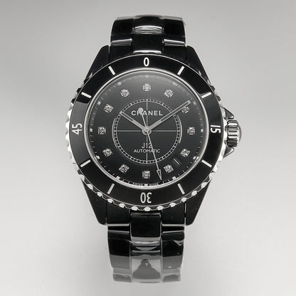 J12 Date Automatic Black Ceramic Diamond Numerals Black Dial Black Steel Hands