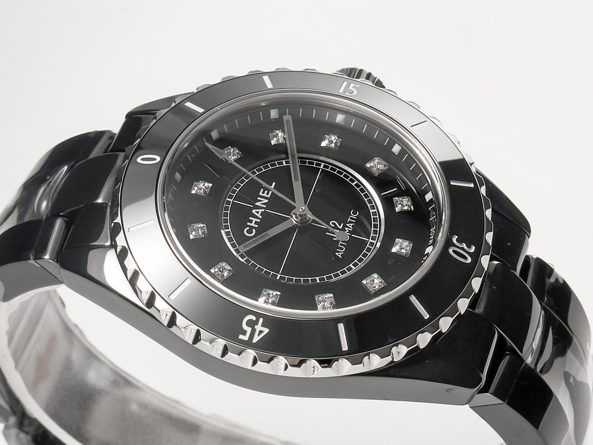 J12 Date Automatic Black Ceramic Diamond Numerals Black Dial Black Steel Hands