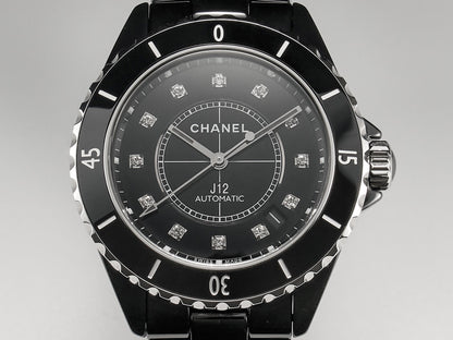 J12 Date Automatic Black Ceramic Diamond Numerals Black Dial Black Steel Hands