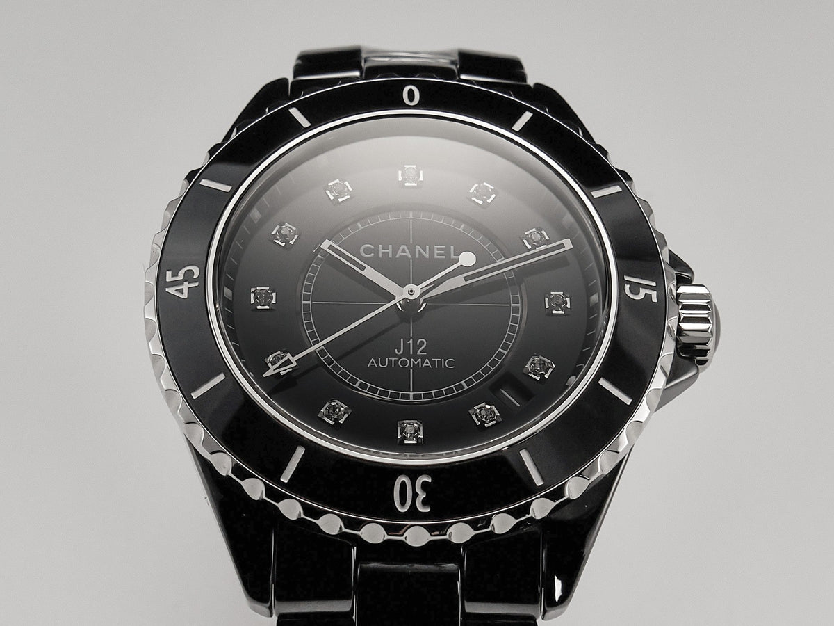 J12 Date Automatic Black Ceramic Diamond Numerals Black Dial Black Steel Hands