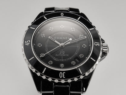 J12 Date Automatic Black Ceramic Diamond Numerals Black Dial Black Steel Hands