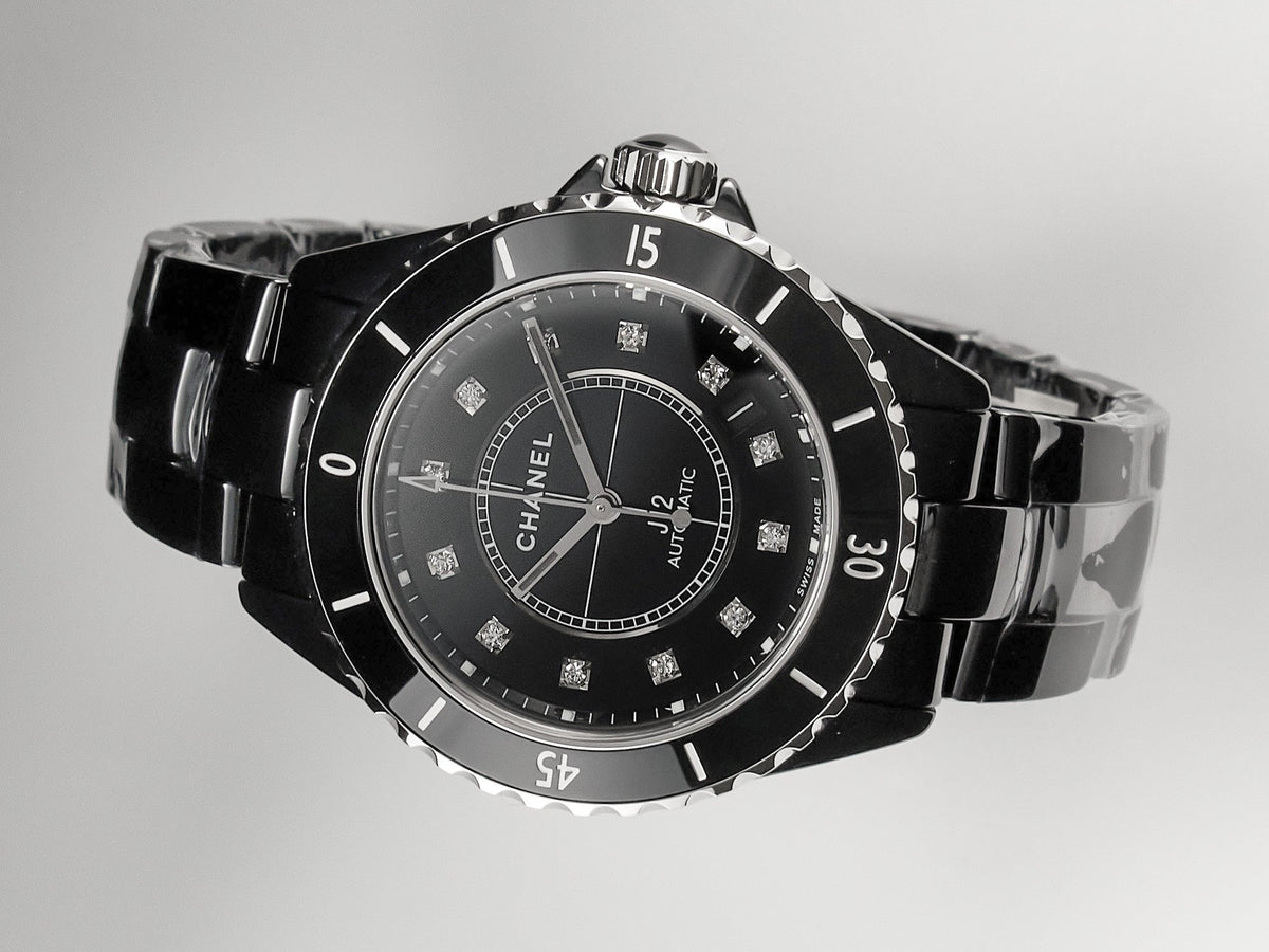 J12 Date Automatic Black Ceramic Diamond Numerals Black Dial Black Steel Hands