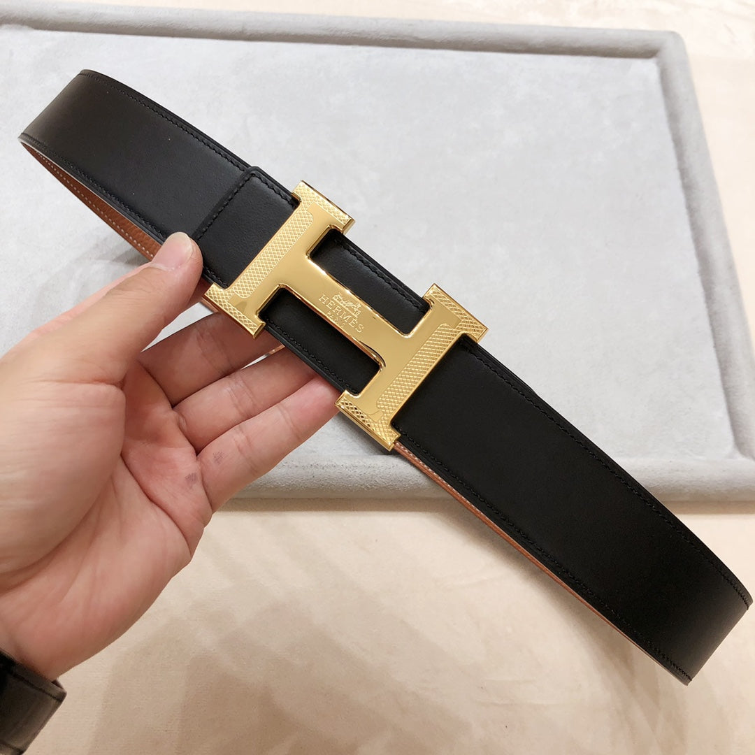 HM H D'ANCRE BELT BUCKLE & REVERSIBLE BRONZE BROWN LEATHER STRAP 38 MM GOLD HARDWARE