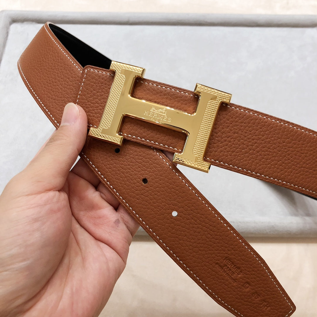 HM H D'ANCRE BELT BUCKLE & REVERSIBLE BRONZE BROWN LEATHER STRAP 38 MM GOLD HARDWARE