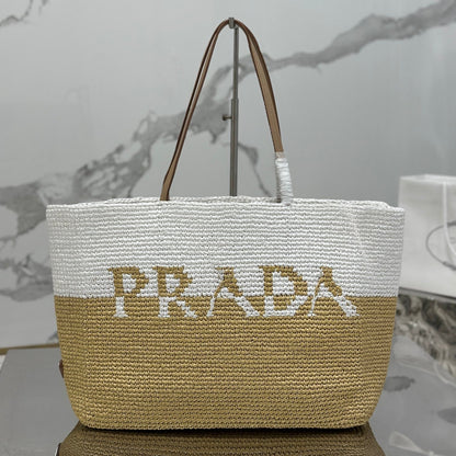 LARGE TOTE BAG 37 IN WHITE MIX BEIGE RAFFIA AND BROWN CALFSKIN HANDLE