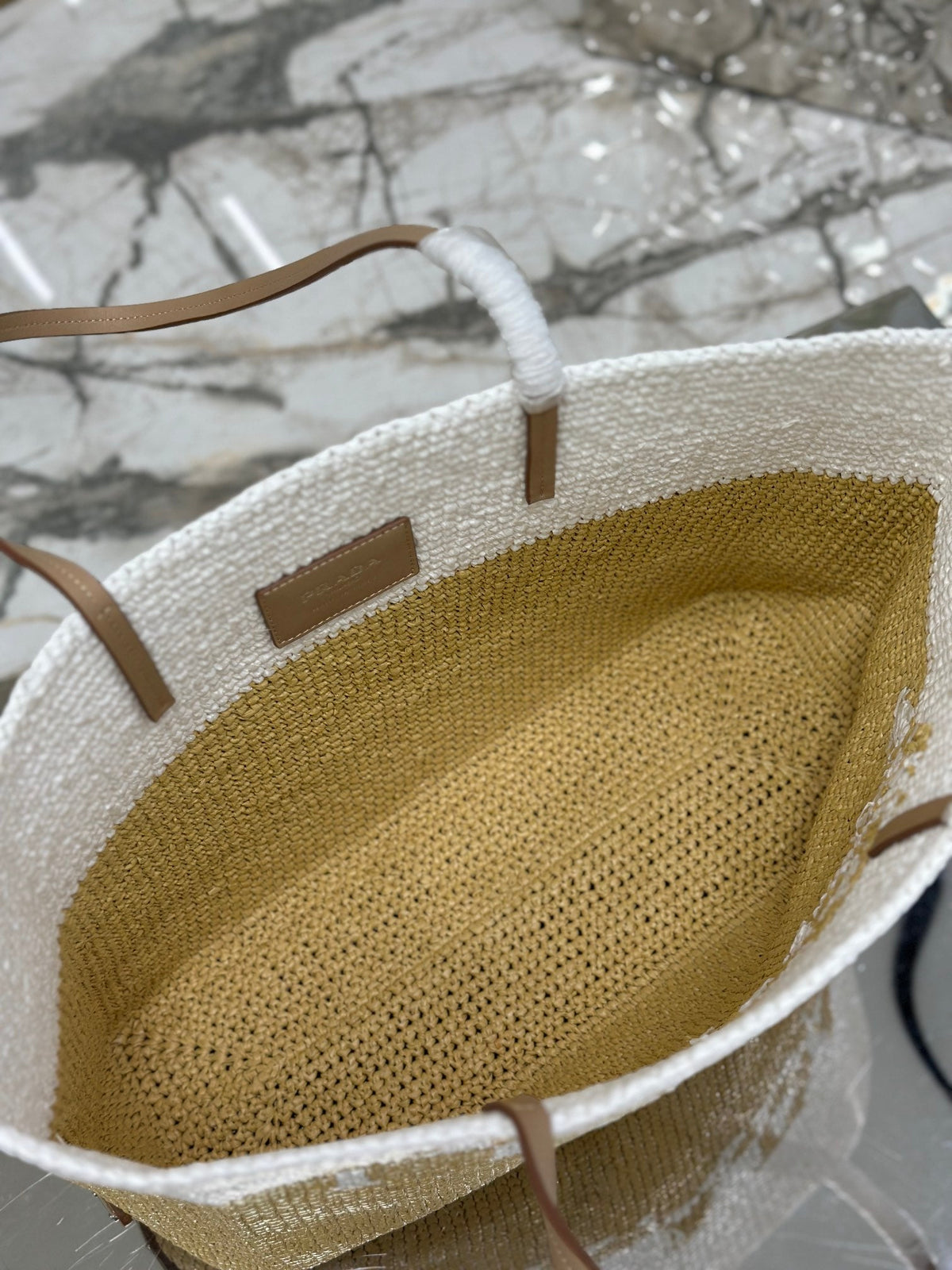 LARGE TOTE BAG 37 IN WHITE MIX BEIGE RAFFIA AND BROWN CALFSKIN HANDLE