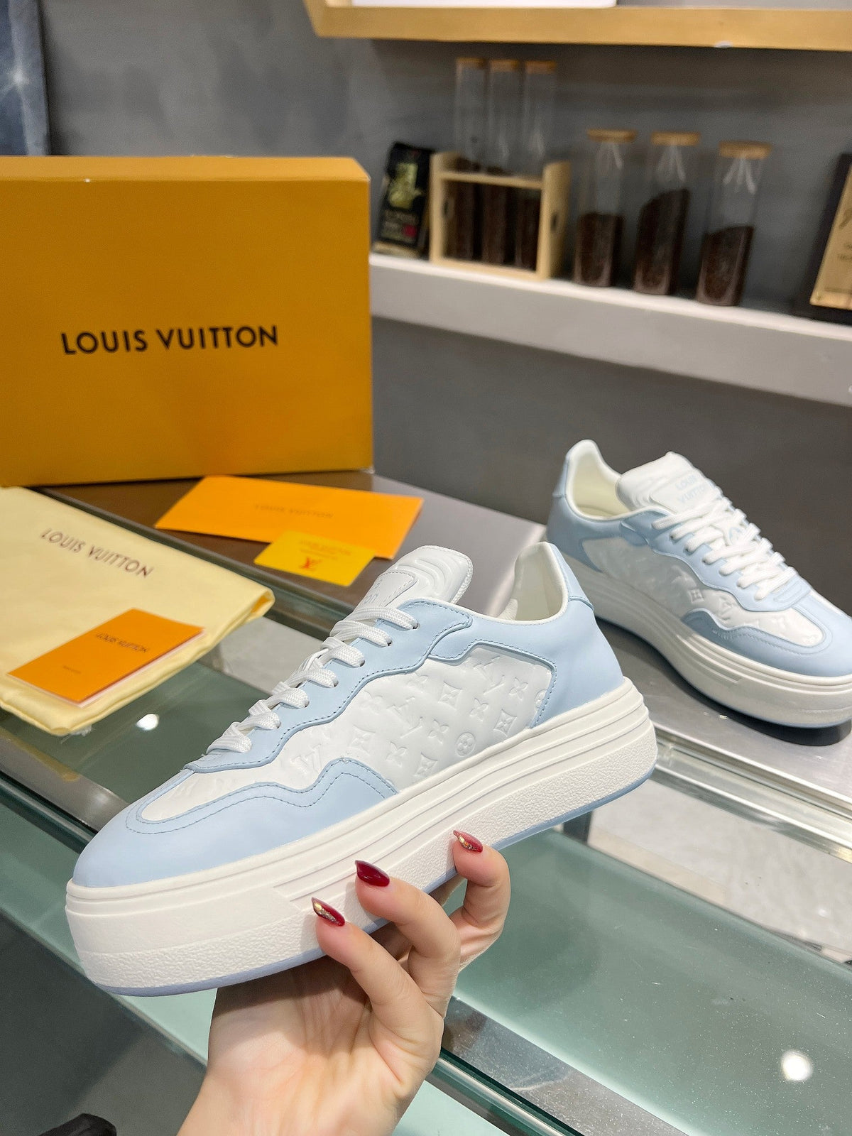 LV WOMEN GROOVY PLATFORM IN WHITE MIX LIGHT BLUE EMBOSSED CALFSKIN