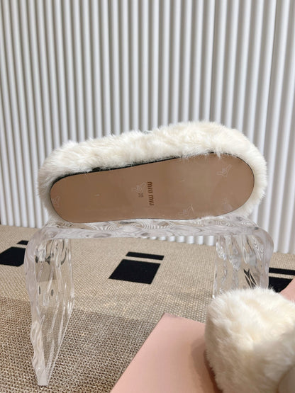 MULES IN WHITE RABBIT FUR SILVER HARDWARE