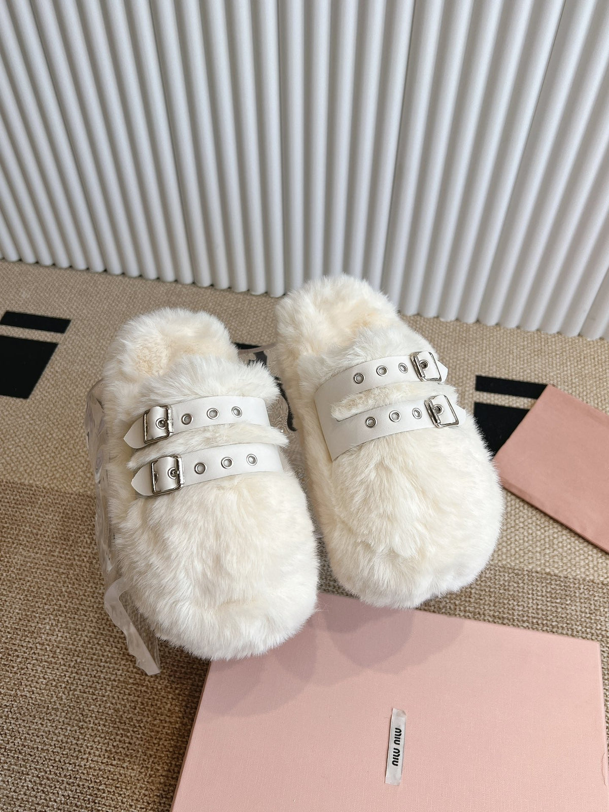 MULES IN WHITE RABBIT FUR SILVER HARDWARE