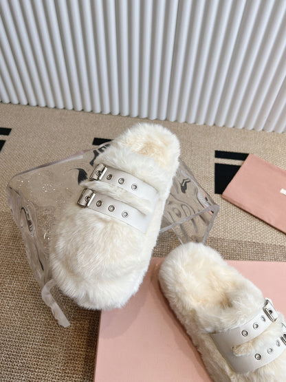 MULES IN WHITE RABBIT FUR SILVER HARDWARE
