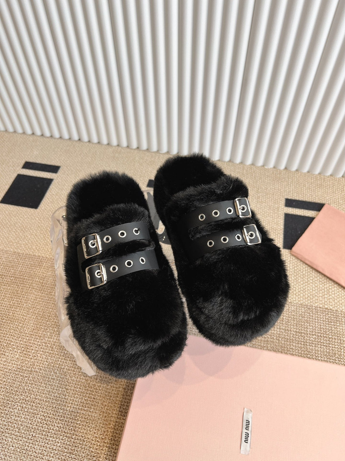MULES IN BLACK RABBIT FUR SILVER HARDWARE