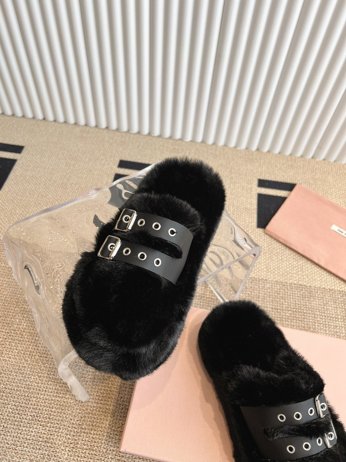 MULES IN BLACK RABBIT FUR SILVER HARDWARE