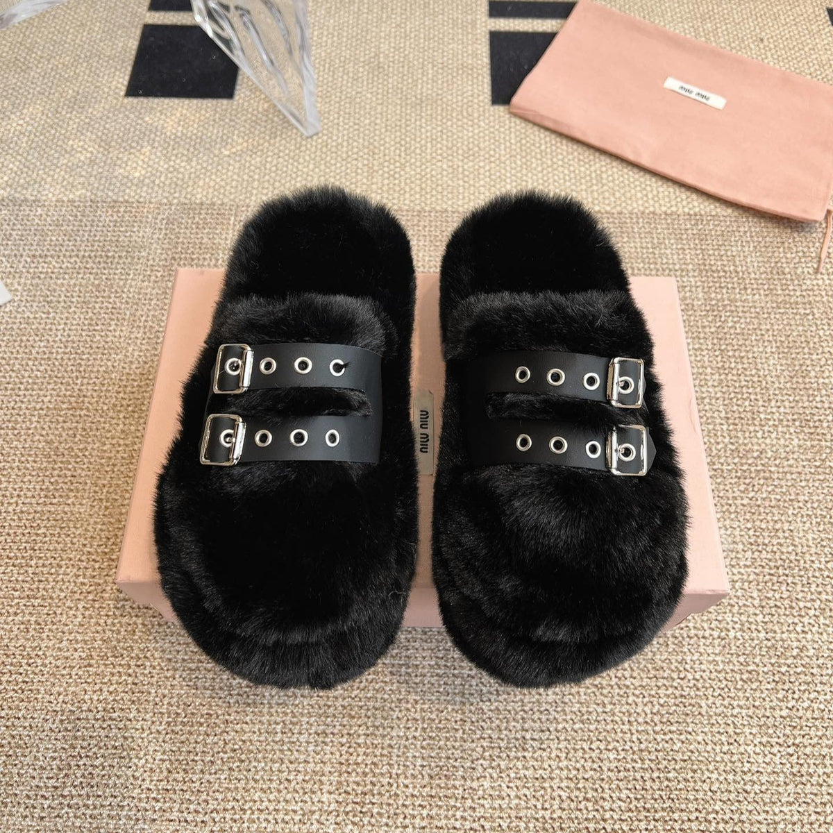 MULES IN BLACK RABBIT FUR SILVER HARDWARE