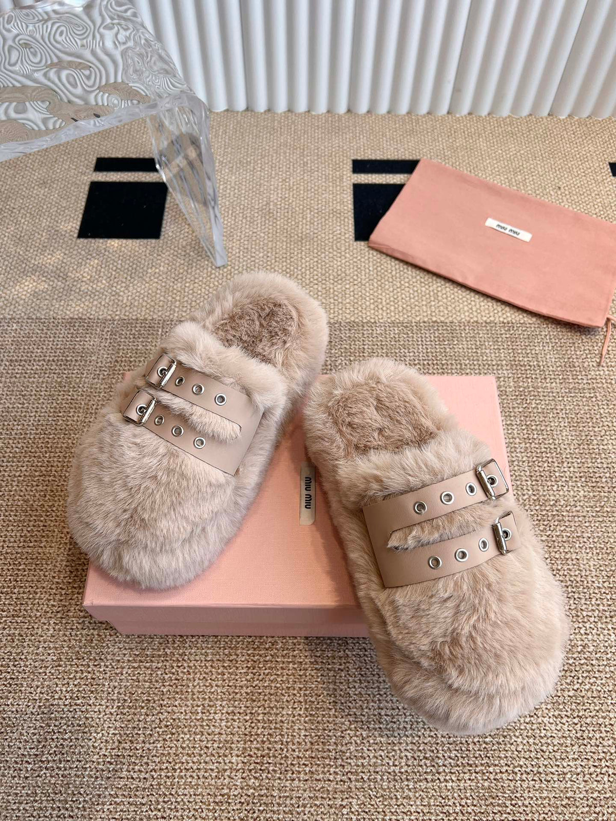 MULES IN BEIGE RABBIT FUR SILVER HARDWARE
