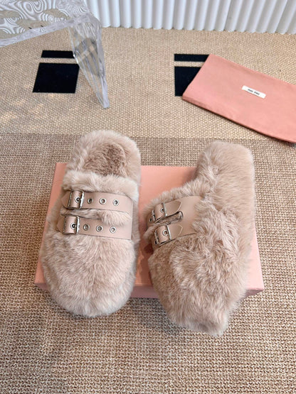 MULES IN BEIGE RABBIT FUR SILVER HARDWARE