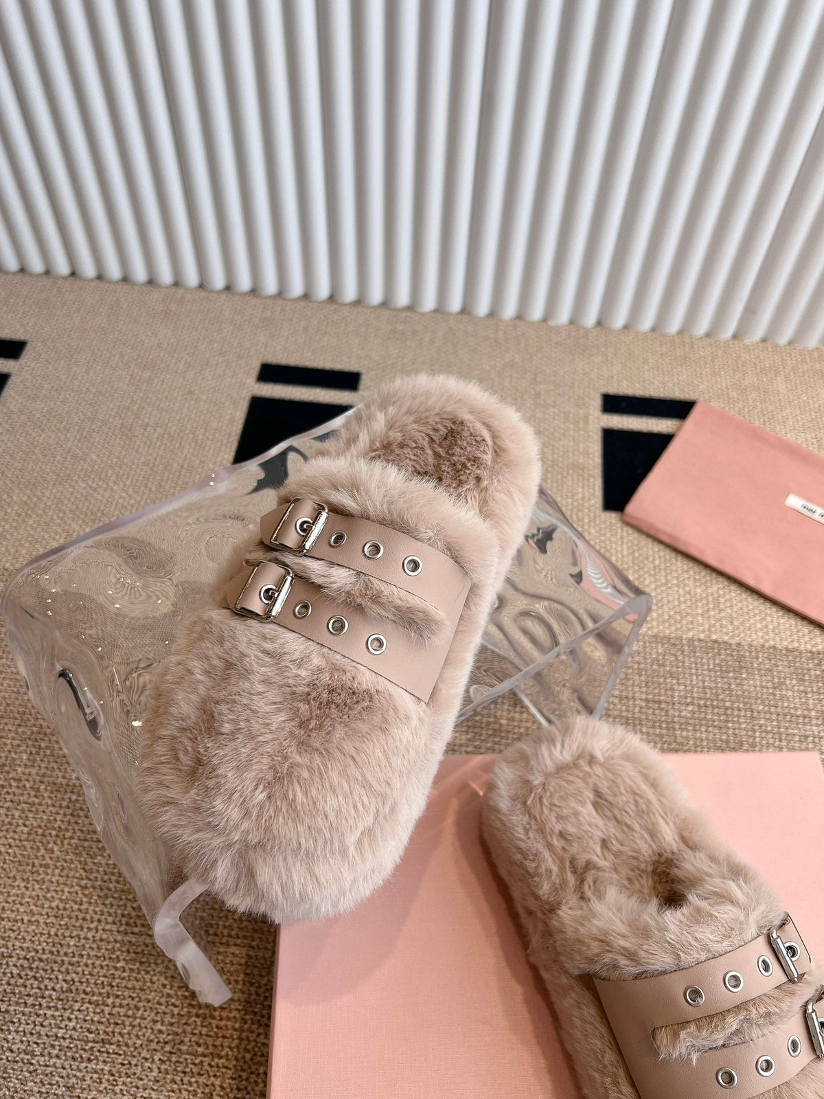 MULES IN BEIGE RABBIT FUR SILVER HARDWARE