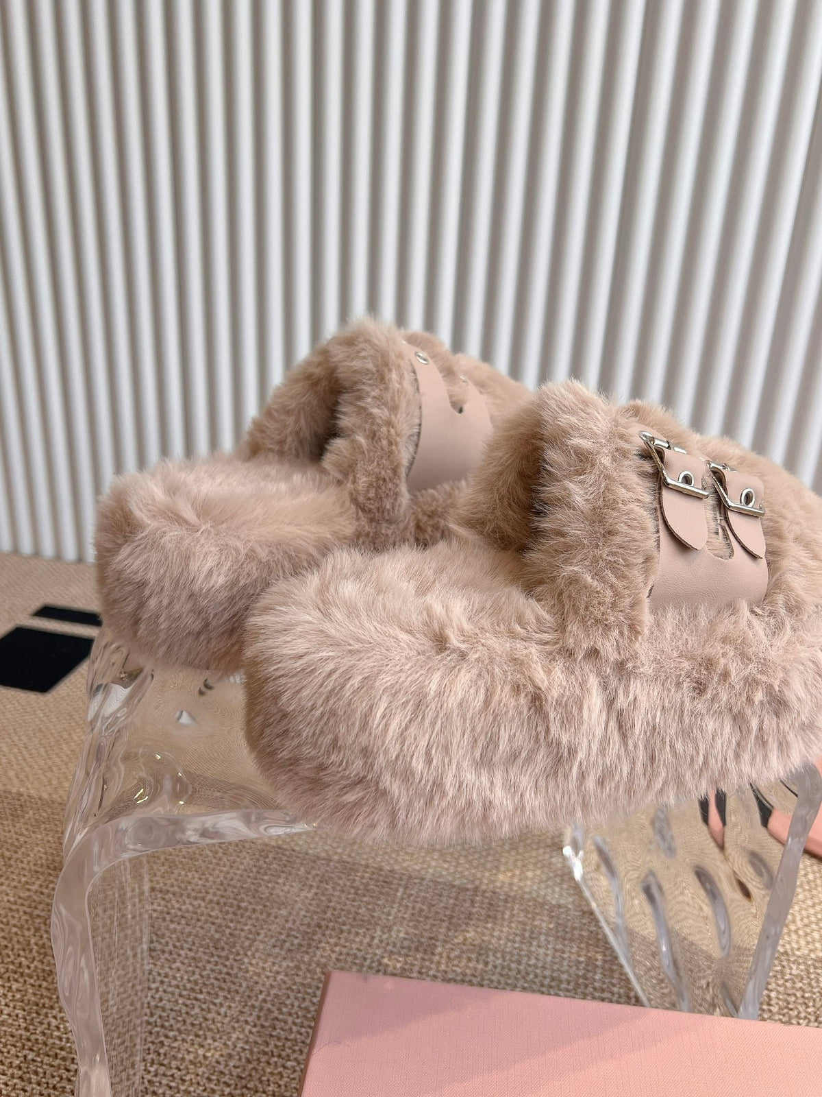 MULES IN BEIGE RABBIT FUR SILVER HARDWARE