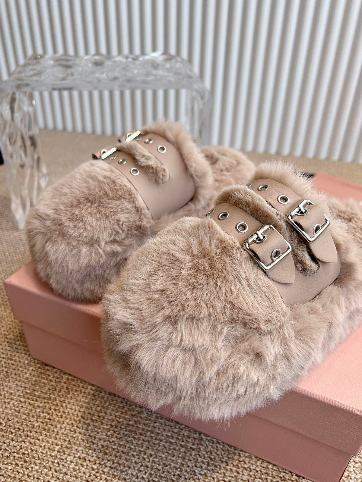 MULES IN BEIGE RABBIT FUR SILVER HARDWARE
