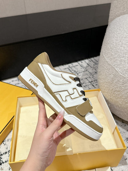 FENDI MATCH LOW-TOPS IN DARK TAN MIX WHITE CALFSKIN