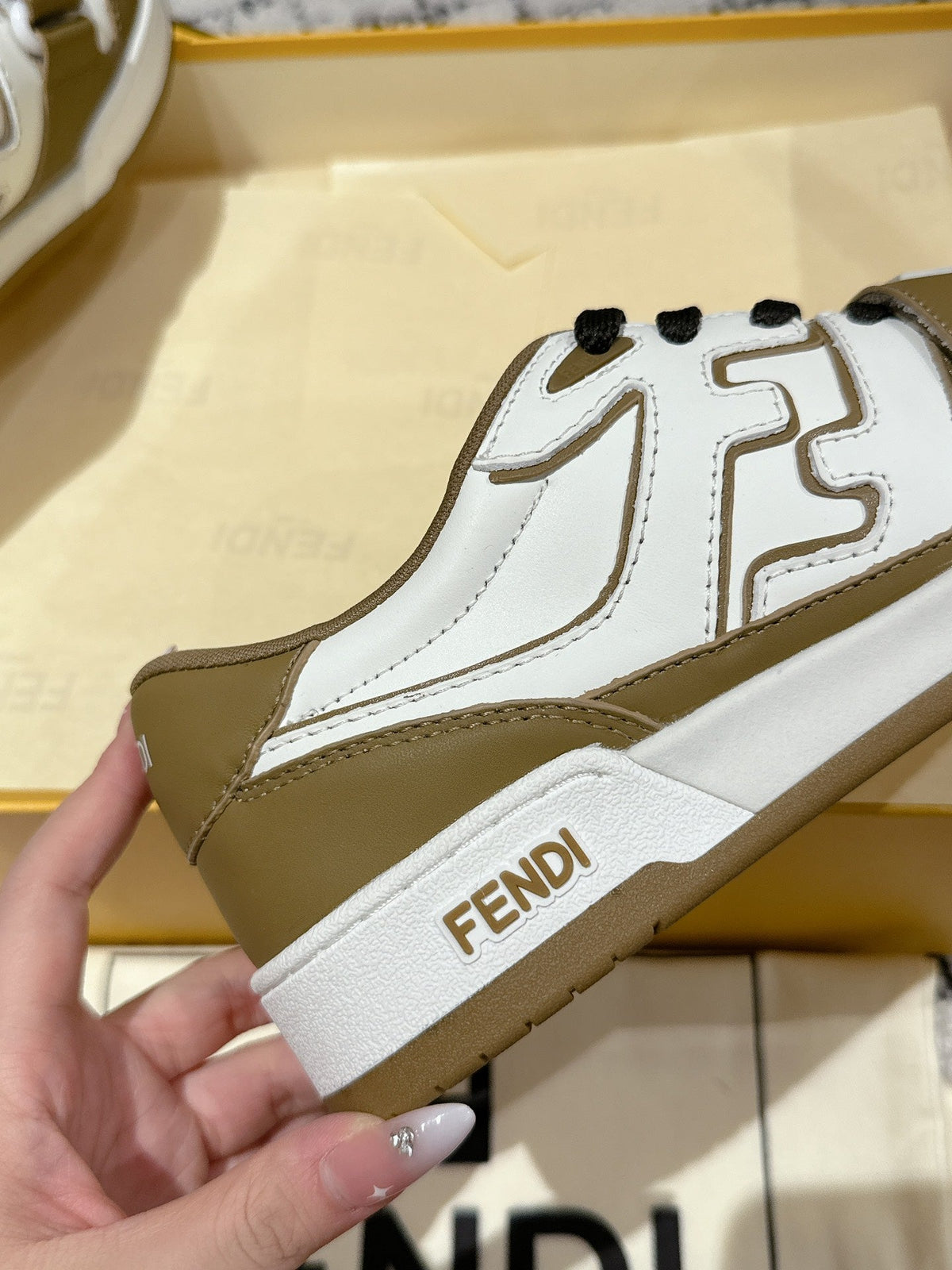 FENDI MATCH LOW-TOPS IN DARK TAN MIX WHITE CALFSKIN
