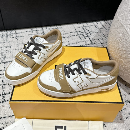 FENDI MATCH LOW-TOPS IN DARK TAN MIX WHITE CALFSKIN