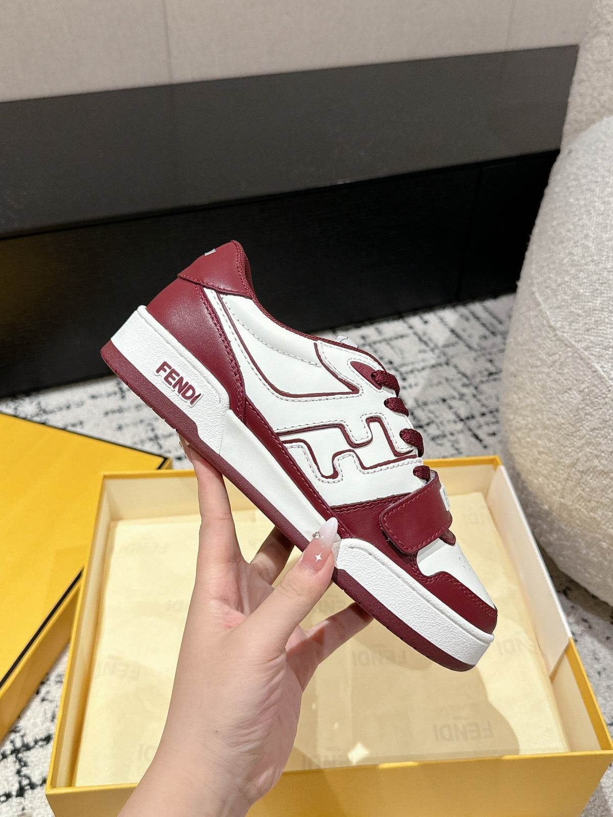 FENDI MATCH LOW-TOPS IN BURGUNDY RED MIX WHITE CALFSKIN