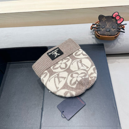KNITTED BEANIE HAT IN BROWN MIX BEIGE WOOL AND RABBIT FUR 426244
