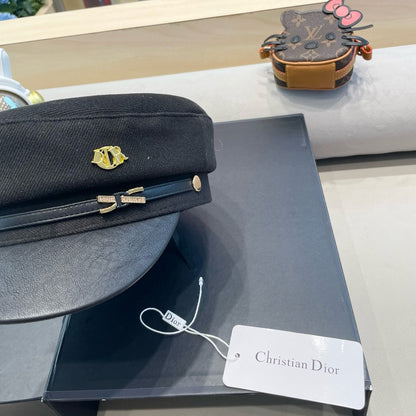 BAKER BOY HAT IN BLACK COTTON AND LEATHER 428246