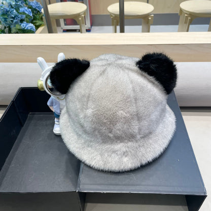 BUCKET HAT WITH CUTE BEAR EARS IN RHINO GRAY RABBIT FUR 434967