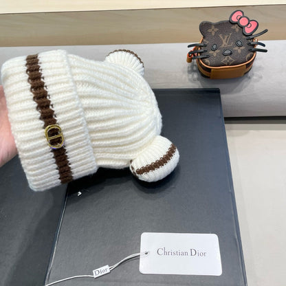 STRIPED BEANIE HAT WITH CUTE BEAR EARS IN WHITE WOOL 433436