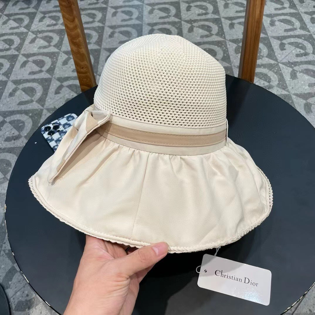 IVORY BEIGE STRAW BUCKET HAT WITH BOW FABRIC BORDER 439645