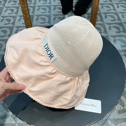PALE BEIGE STRAW BUCKET HAT WITH BOW FABRIC BORDER 439647