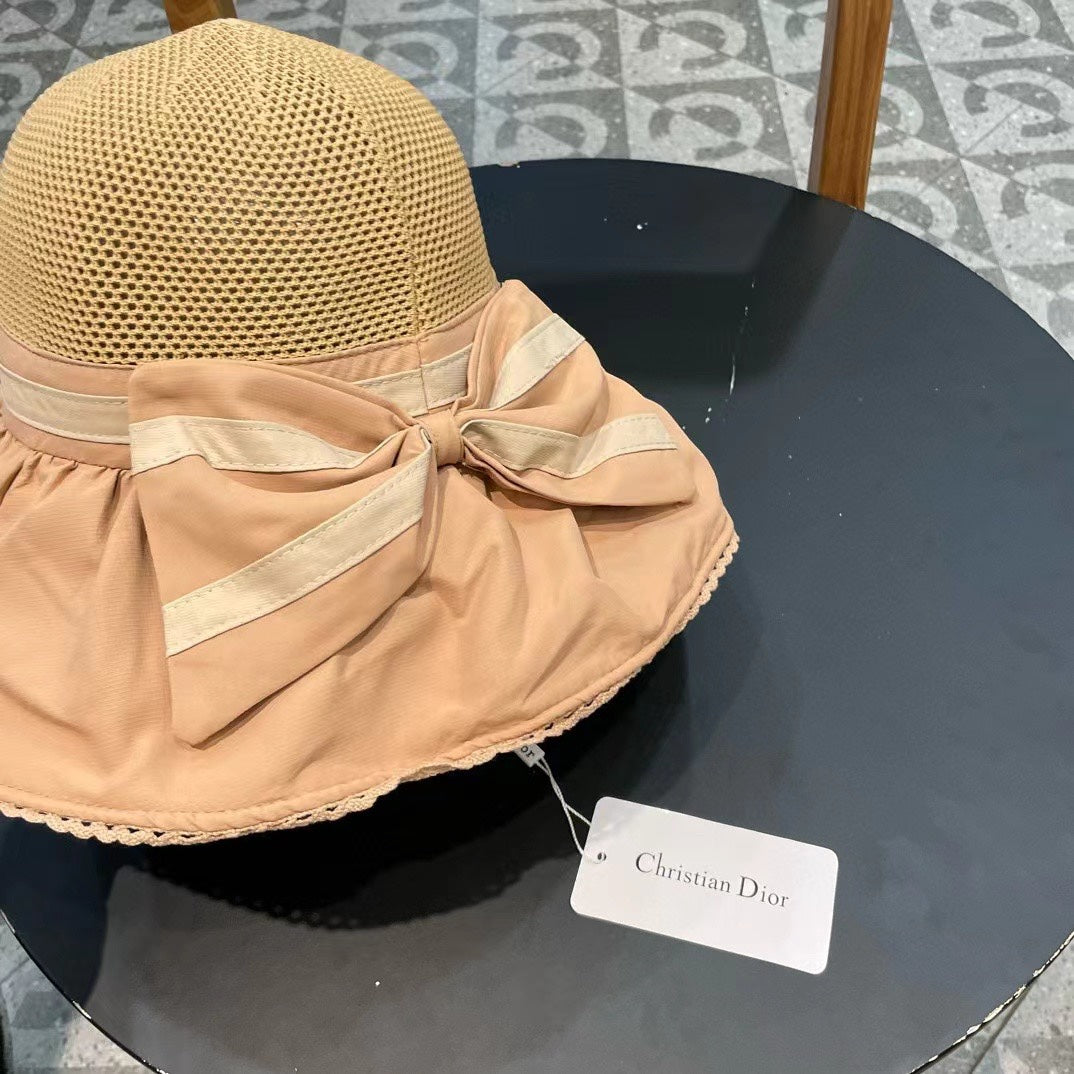 BUFF BEIGE STRAW BUCKET HAT WITH BOW FABRIC BORDER 439648
