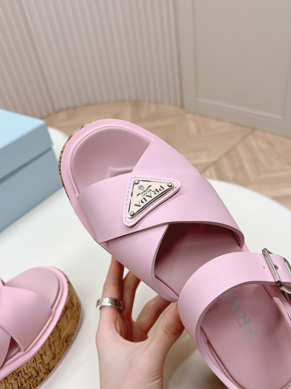 PRA WEDGE PLATFORM SANDALS PASTEL PINK CALFSKIN