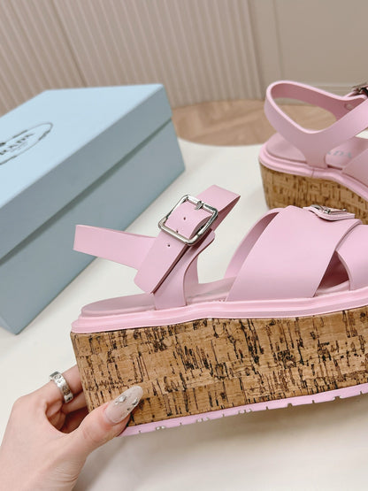 PRA WEDGE PLATFORM SANDALS PASTEL PINK CALFSKIN