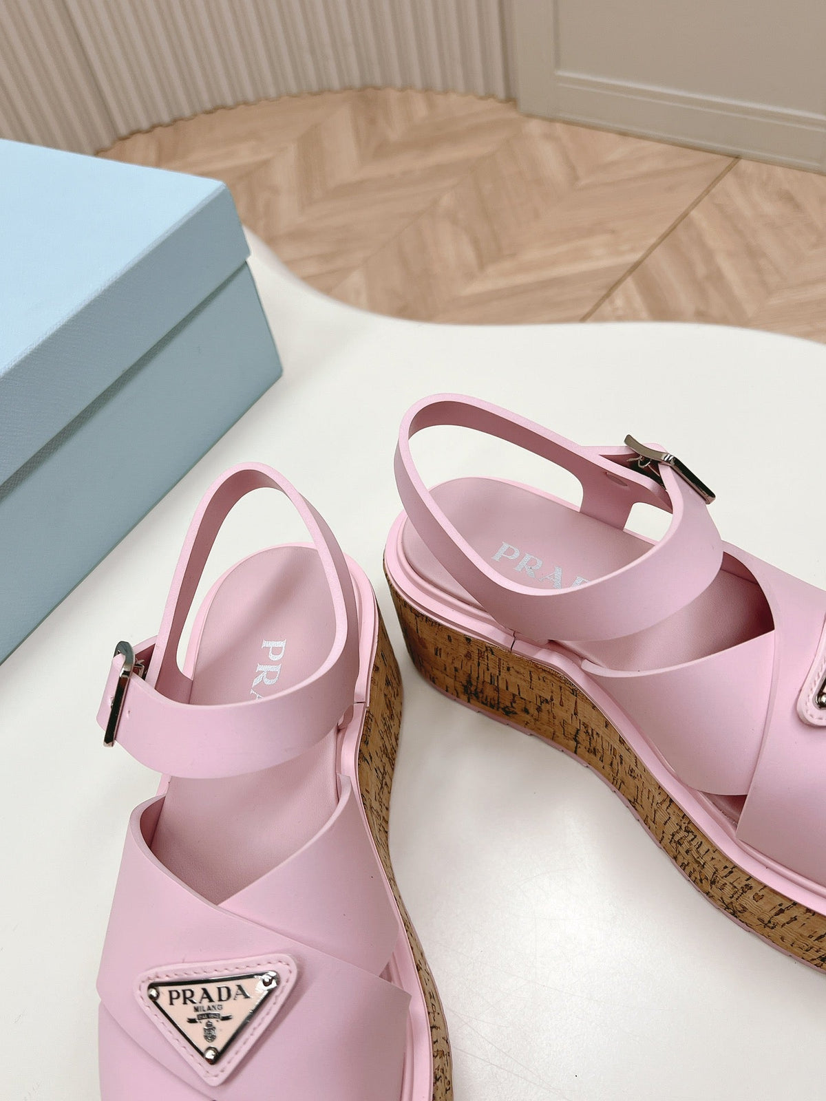 PRA WEDGE PLATFORM SANDALS PASTEL PINK CALFSKIN