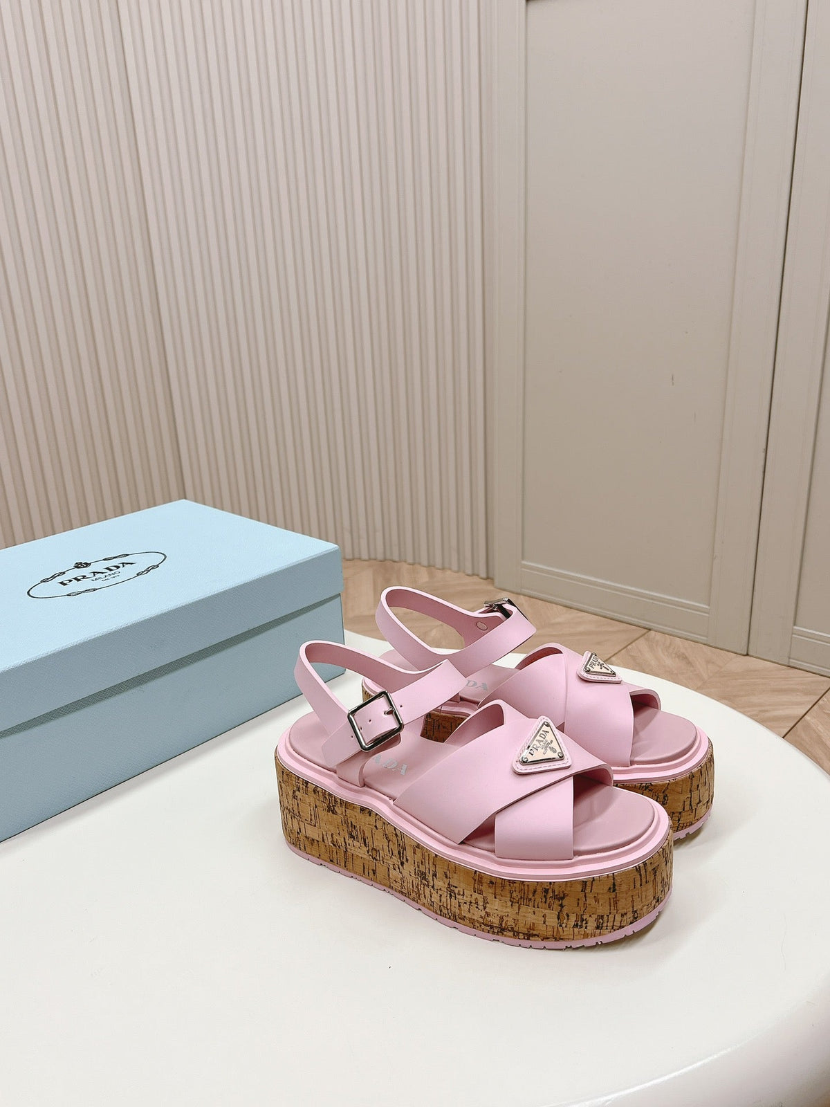 PRA WEDGE PLATFORM SANDALS PASTEL PINK CALFSKIN